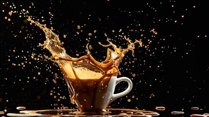 Coffee splashes in the air on a black background.