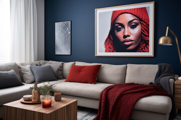 Chic living room interior design in red and blue, stylish modern contemporary livingroom.