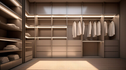 Modern luxry glossy white walk in closet, minimal walk in wardrobe dressing room interior design.