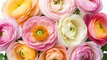 Many colored ranunculus on light yellow backgroud, flowers background, wallpaper of ranunculus, card of Women International Day, closeup