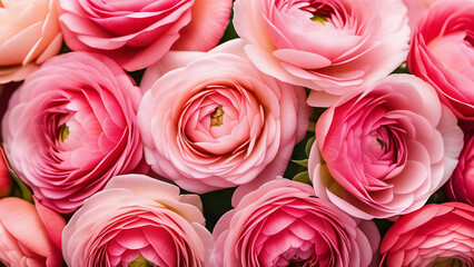 Many pink  ranunculus backgroud, wallpaper of ranunculus, flowers background, card of Women International Day, Birthday card, close up