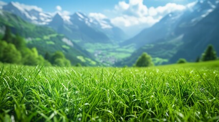 Fototapeta premium Breathtaking Swiss mountain vista with close-up macro views of lush green meadows and detailed shots of swaying grass blades, highlighting the natural splendor of the alpine landscape Generative AI