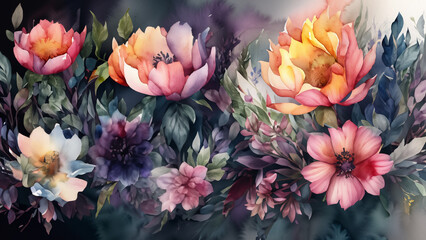 Delicate, colorful water-color wallpaper with beautiful spring flowers. Illustration 4K