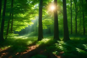 A sunlit forest glade with a canopy of long green trees, the high-definition camera capturing the play of sunlight on leaves and the refreshing ambiance in realistic