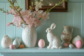 White Vase Filled With Pink Flowers Next to Eggs