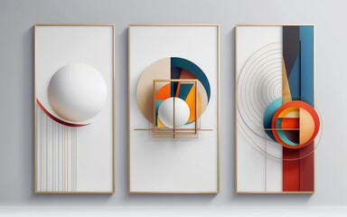 Colorful abstract geometric paintings in golden frames