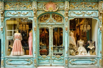 An elegant vintage boutique with ornate facade showcasing evening dresses and chandeliers inside.