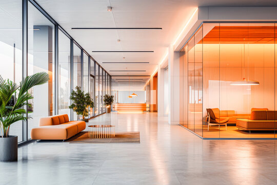 Modern office interior with glass walls, a comfortable lounge area, and an elegant minimalist design.