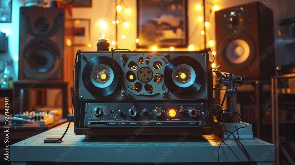 Aufkleber Classic reel-to-reel tape machine accented with twinkling light bulbs, creating a retro and luminous audiovisual experience Generative AI
