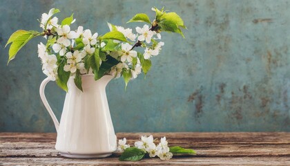 cherry flowers in white jug on old wooden table