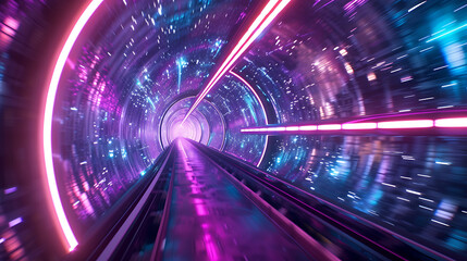Fototapeta na wymiar A tunnel of shifting dimensions, with neon lights guiding a journey through the fabric of spacetime