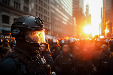 A riot police officer in tactical gear stands ready during a sunset, highlighting the intensity of urban crowd control. - obrazy, fototapety, plakaty