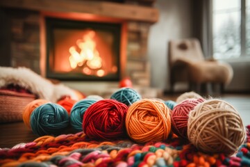 Colorful balls of yarn in front of a warm fireplace, giving a cozy and homely feel, perfect for winter crafts and hobbies.