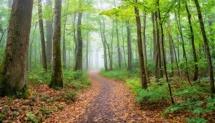 forest trail on a misty morning in early fall