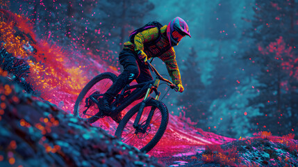 Immerse in the precision of MOUNTAIN BIKING with a neon digital painting capturing the dynamic movement and spirit of this Olympic sport.