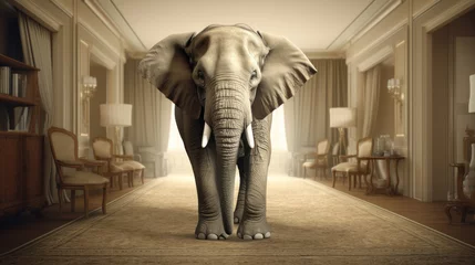 Zelfklevend Fotobehang Big elephant in the living room. Photo and cg elements combination concept © PaulShlykov