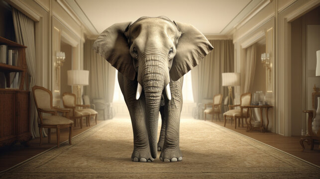 Big elephant in the living room. Photo and cg elements combination concept