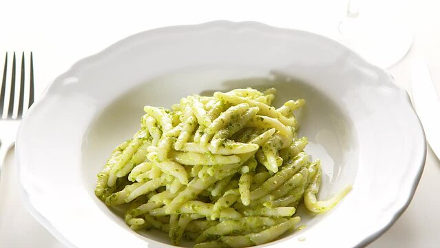 Trofie fresh homemade pasta pesto tipical Italian gourmet food Liguria