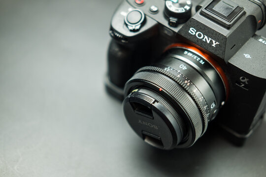 Bangkok, Thailand - February 3, 2024 : The camera is the Sony Alpha 7m4 with the GMaster lens 40mm compact lens. Mirrorless Hybrid Full Frame. The best mirrorless camera