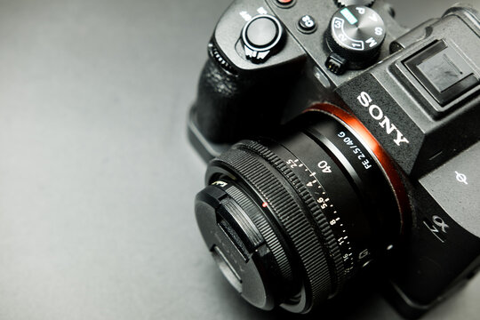 Bangkok, Thailand - February 3, 2024 : Sony Alpha a7 IV Full Frame hybrid MILC mirrorless camera. The best mirrorless camera with state of the art 40mm lens