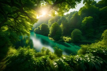 Fototapeta na wymiar A serene landscape with lush green trees, captured by an HD camera, the vibrant foliage and natural beauty presented in realistic