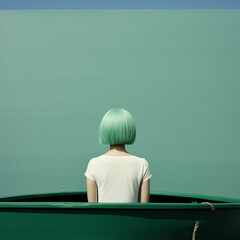 Woman with green hair inside of a green pool.Minimal creative summer  vacation concept.Copy space,top view.Generative AI