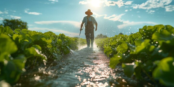 A New Day on the Farm: A Dedicated Farmer Walks the Watering Channels Amongst the Lush Crops of the Fields, Generative AI - Powered by Adobe