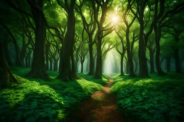 Naklejka premium An enchanting scene featuring a grove of green trees, the high-definition camera showcasing the lush foliage and the interplay of light and shadow in vivid