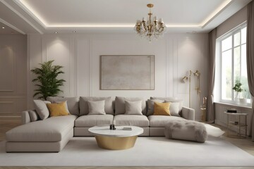 modern interior design. 3D rendering of the living room. Front view.