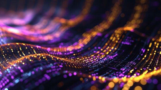 Digitally generated image of abstract flow data made of glowing purple and yellow numbers and curves.
