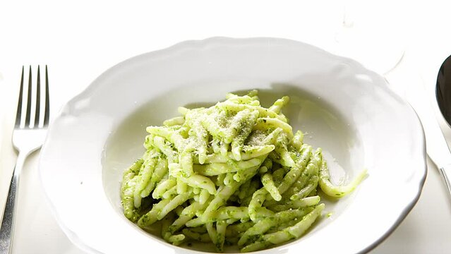 Trofie fresh homemade pasta pesto tipical Italian gourmet food Liguria