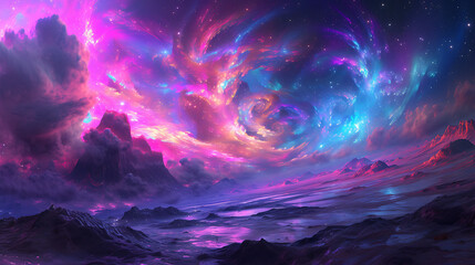 A vivid 3D landscape features neon clouds swirling in a fantastical sky, creating a dreamy and mesmerizing scene