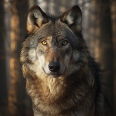 Naklejka na ściany i meble An intimate close-up portrait capturing the majestic beauty of a grey wolf in the enchanting woods, showcasing the wild essence and natural allure of this magnificent creature