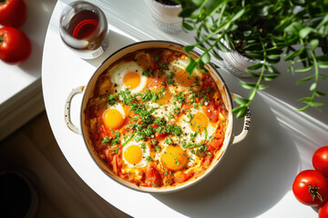 A white cast iron casserole dish with a delicious, traditional Middle Eastern Shakshuka breakfast with eggs on a white clean minimalist tabletop, photo taken from above.