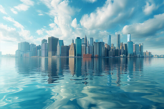 A panoramic image of a flooded coastal city.