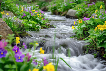 Obraz na płótnie Canvas Riverside Flowers and Flowing Water Composing a Symphony, Weaving the Rich Charm of Water and Blooms.