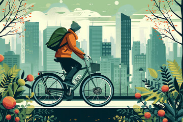 City bike cyclists shown in a contemporary athletic abstract design of a green environment cityscape, stock illustration image