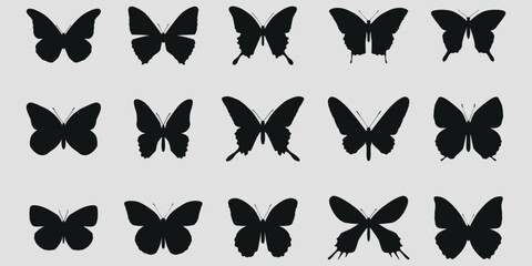 Fototapeta premium Set of butterflies. Black butterfly silhouettes. Vector on a gray background