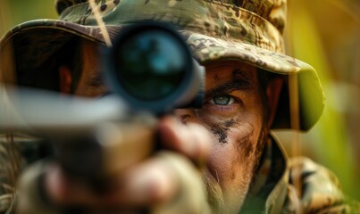 Hunter aiming rifle and looking through a sniper scope