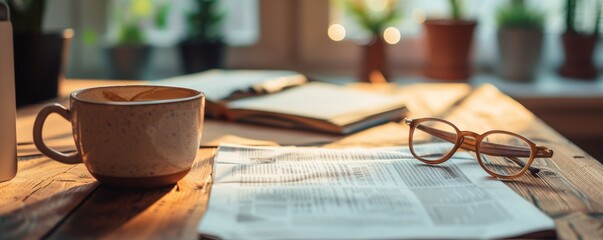 Cup of coffee on office desk with glasses ond newspaper