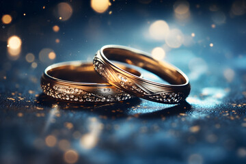 Golden wedding rings symbolizing love and marriage,two wedding rings are together on a glittering surface ,Generative Ai - obrazy, fototapety, plakaty