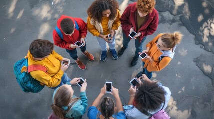 Group of young people standing in a circle using cell phones outside, unrecognizable teenage friends viewing social media content on smartphone apps.