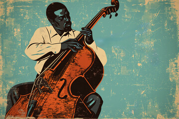 Afro-American male double bass musician playing music in an abstract vintage distressed style painting for a poster or flyer, stock illustration image - obrazy, fototapety, plakaty