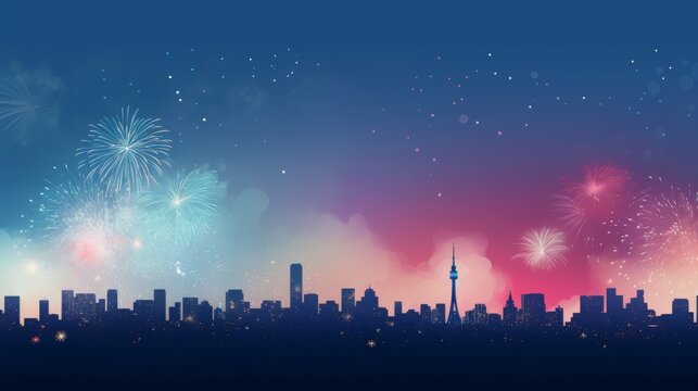 Fireworks Over City Silhouette At Night. Celebration, Holiday And Party Theme Background. 