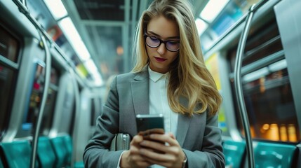 Young businesswoman looking at smartphone while riding the subway