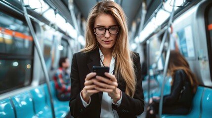 Young businesswoman looking at smartphone while riding the subway