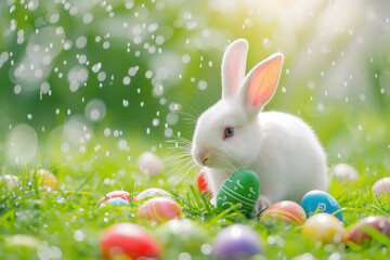 Easter bunny rabbit and a colourful egg which is useful for a greeting card in spring, stock illustration image - obrazy, fototapety, plakaty