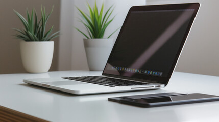 A sleek and modern laptop on a clean white desk