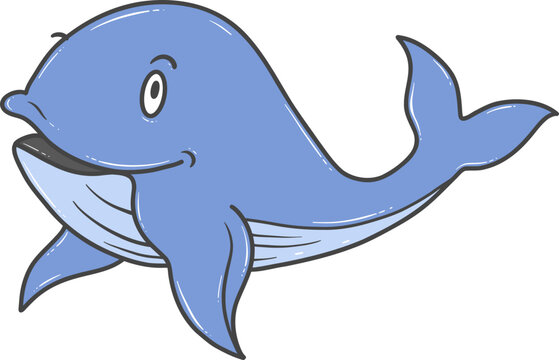 Cartoon illustration of a happy blue whale with a friendly smile