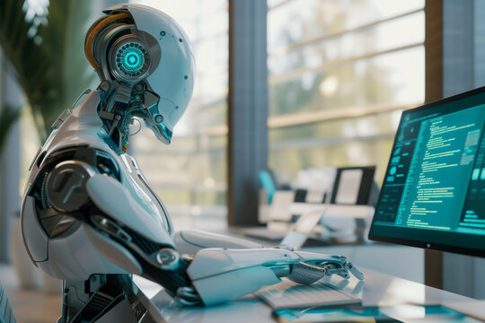 Humanoid robot  worker working in an office on a laptop computer while networking on the internet using machine learning technology, stock illustration image